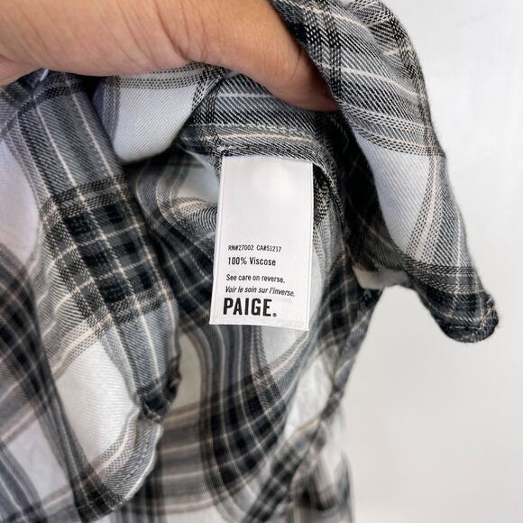 PAIGE XS Viscose Plaid Lightweight Button Down Flannel Shirt Black White - Picture 6 of 10